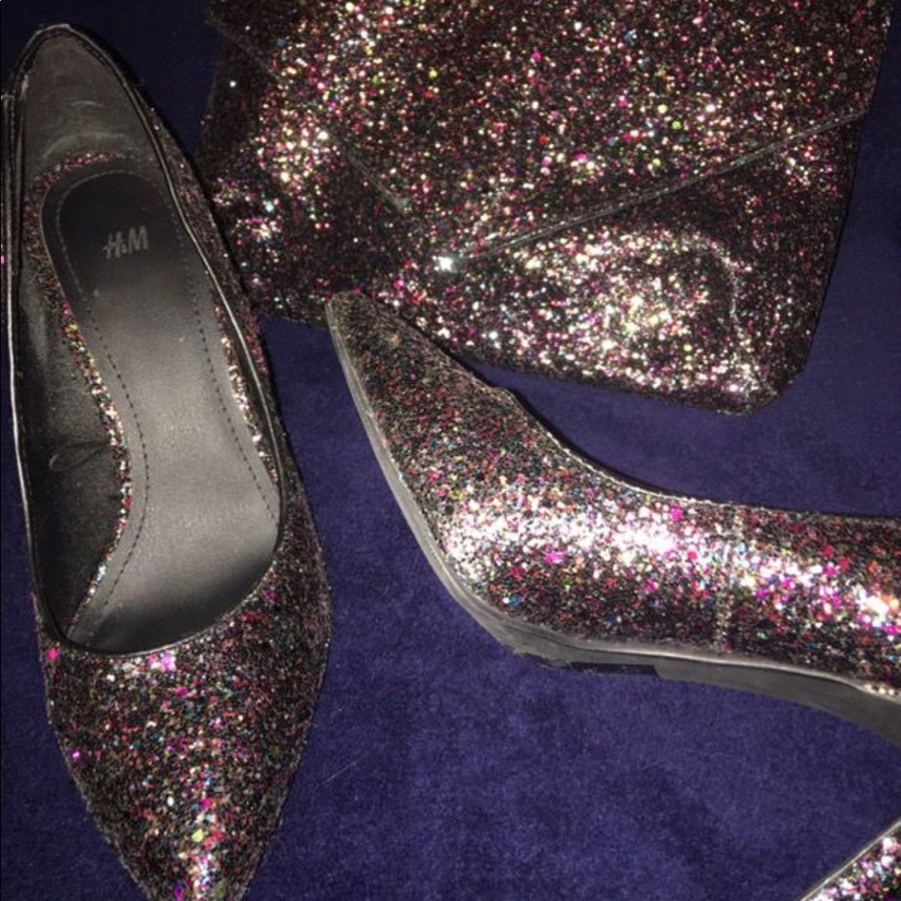 H&M sparkly size 9 heels & clutch purse